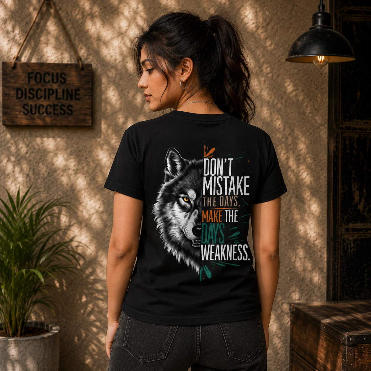 Men’s Black Wolf Graphic T-Shirt – Motivational Quote Back Print | Regular Fit Casual Tee