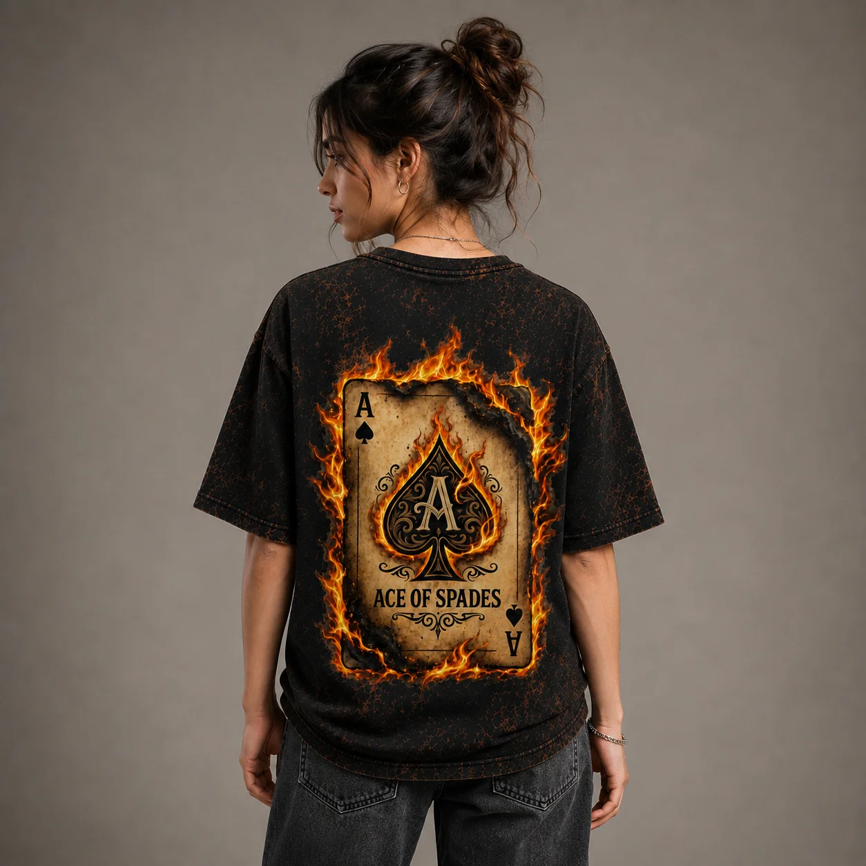 Flaming Ace of Spades Acid Wash Oversized T-Shirt – Women’s Graphic Streetwear Tee