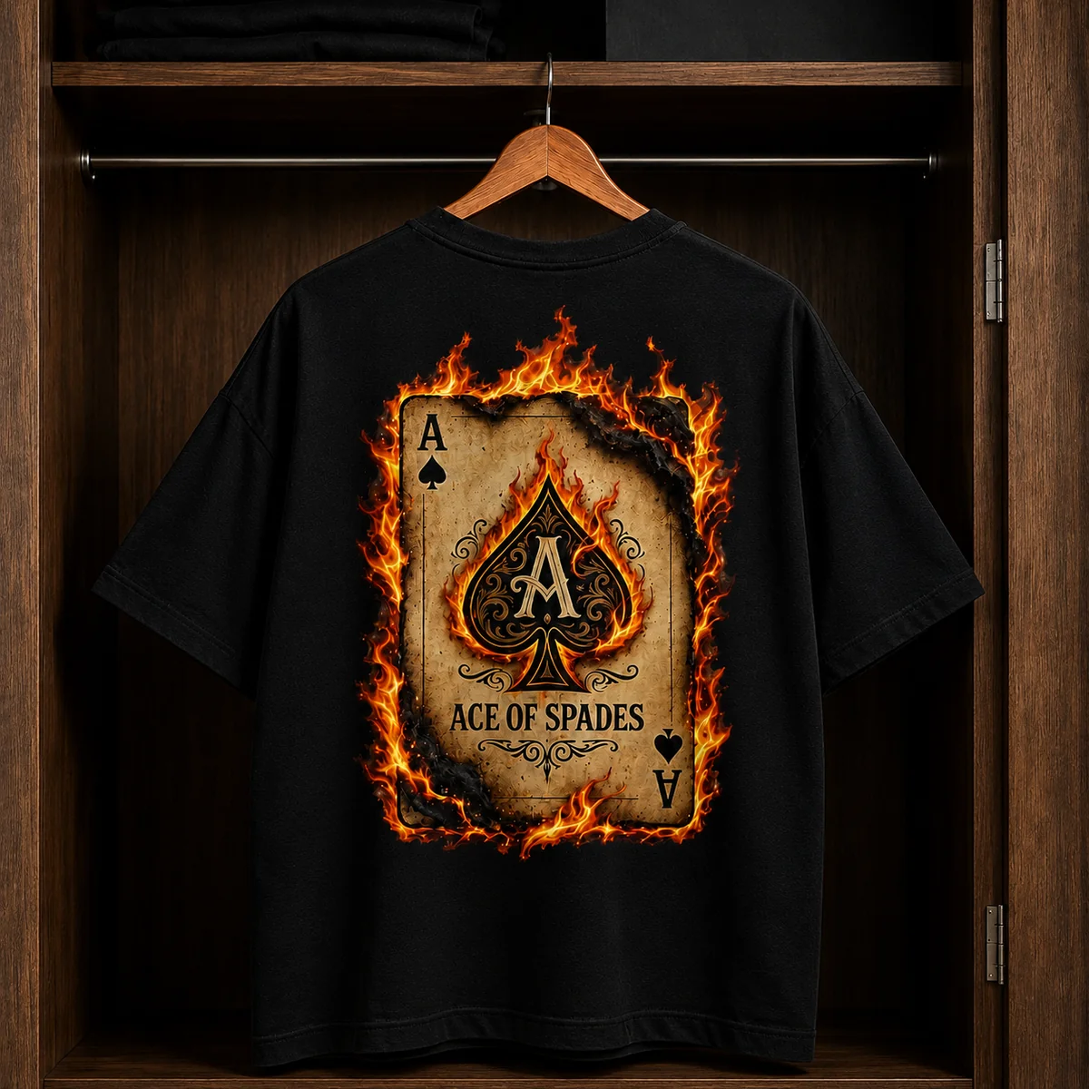 Flaming Ace of Spades French Terry Oversized T-Shirt – Black Graphic Streetwear Tee
