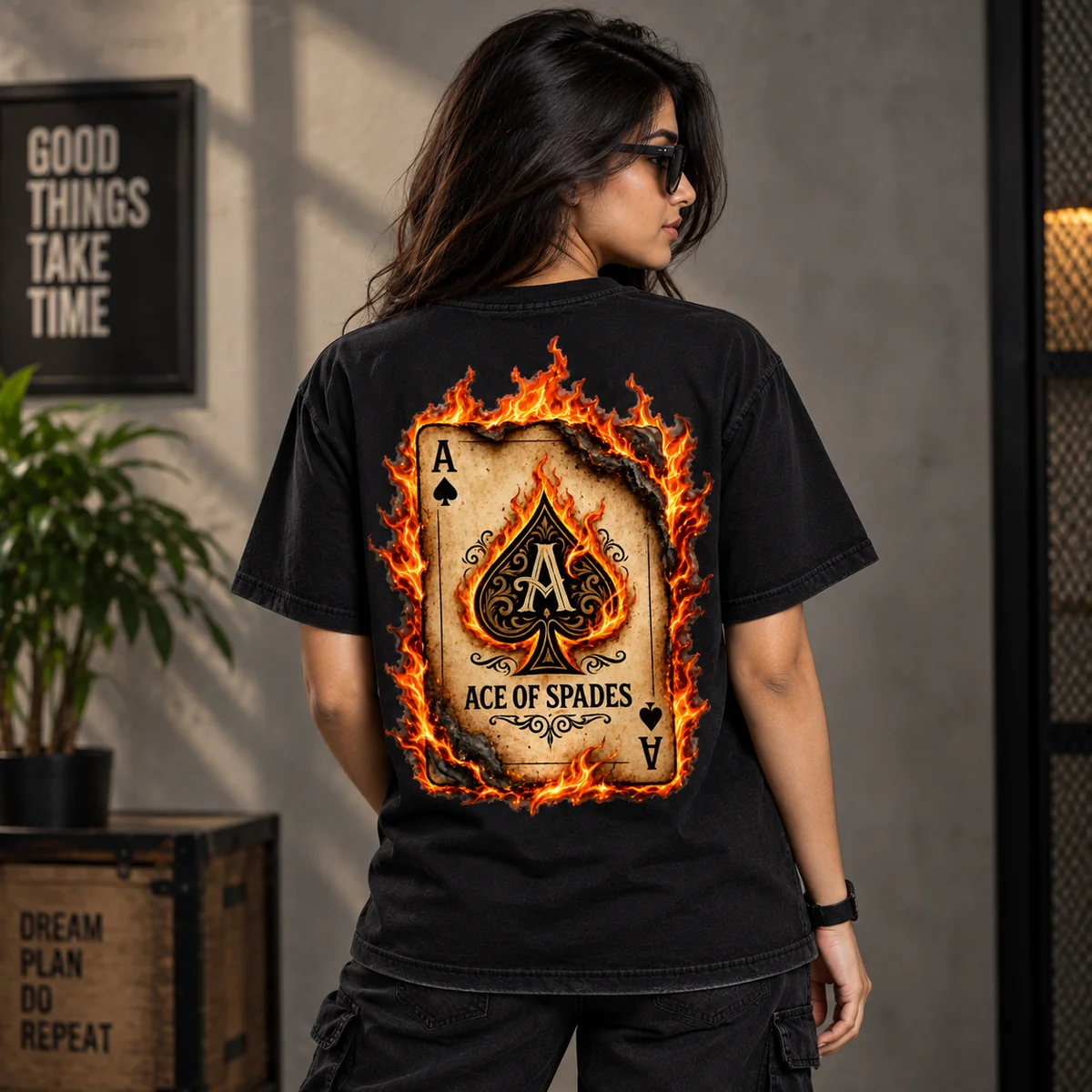 Flaming Ace of Spades Regular Fit Cotton Bio-Wash T-Shirt – Black Graphic Tee