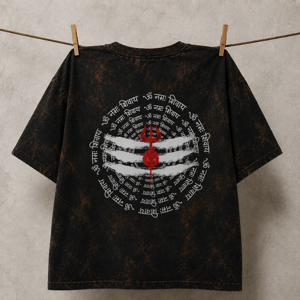 Mahadev Trishul Sanskrit Acid Wash Oversized T-Shirt – Front & Back Unisex Spiritual Tee