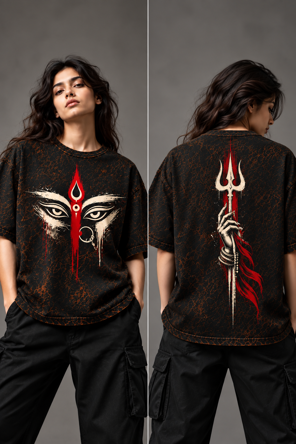 Maa Shakti Eyes & Trishul Acid Wash Oversized T-Shirt – Front & Back Spiritual Streetwear Tee
