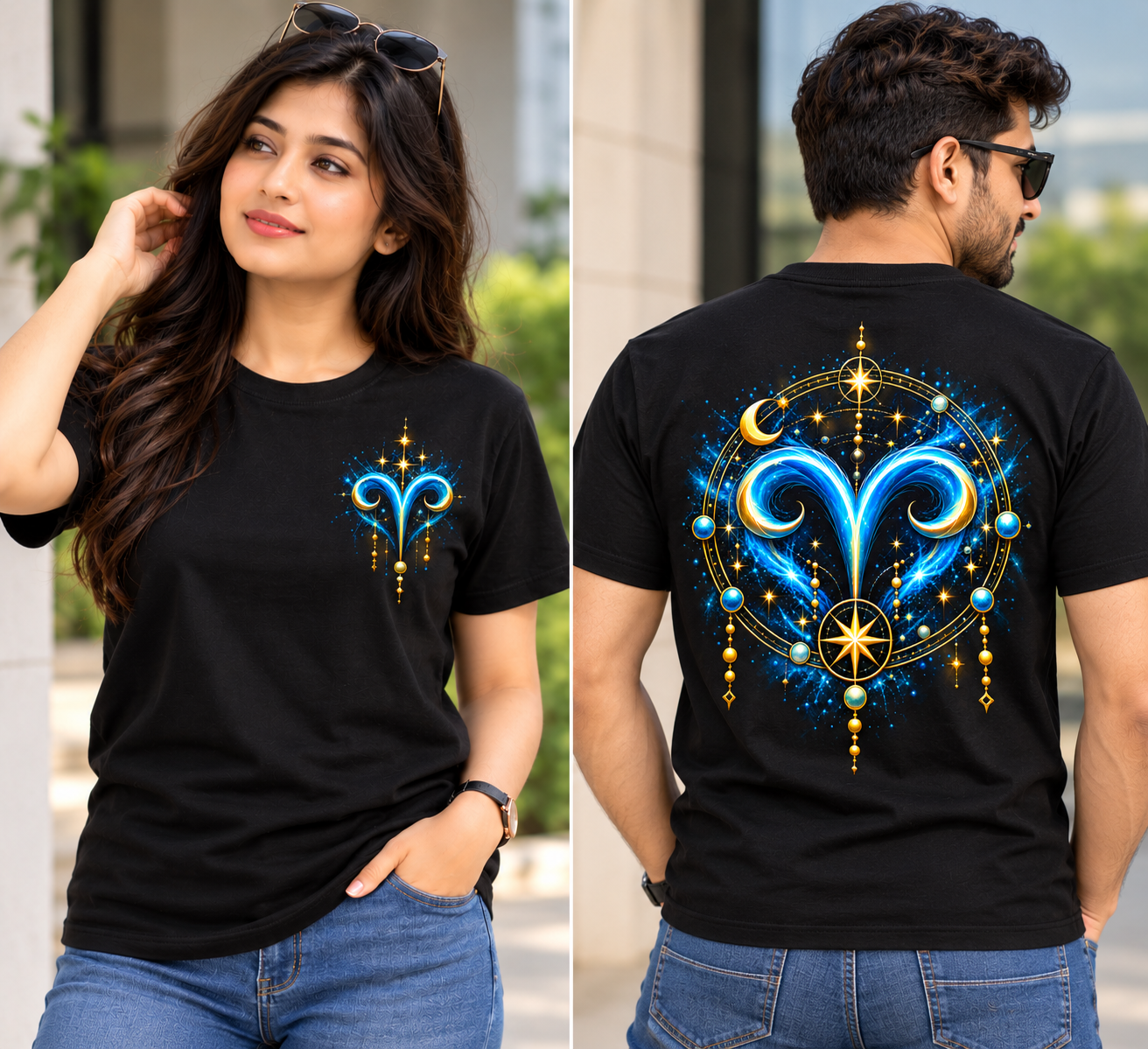 Aries Zodiac Celestial Graphic T-Shirt – Blue & Gold Back Print Poly Cotton Tee
