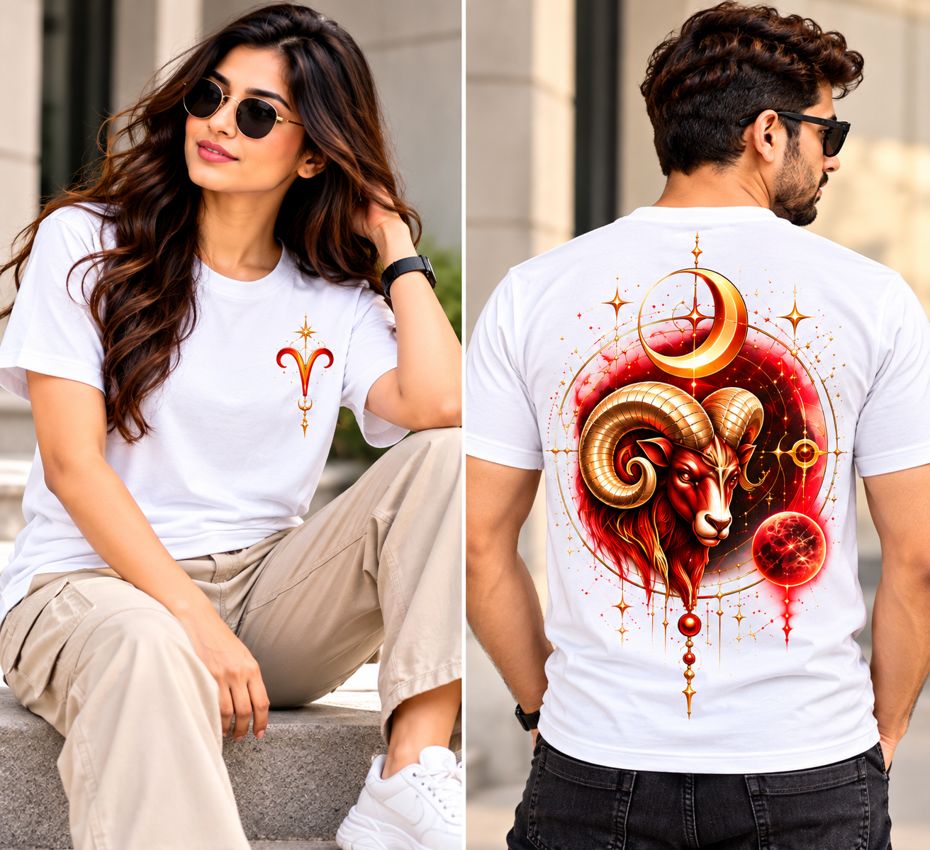Aries Zodiac Celestial Graphic T-Shirt – Red & Gold Ram Back Print White Poly Cotton Tee
