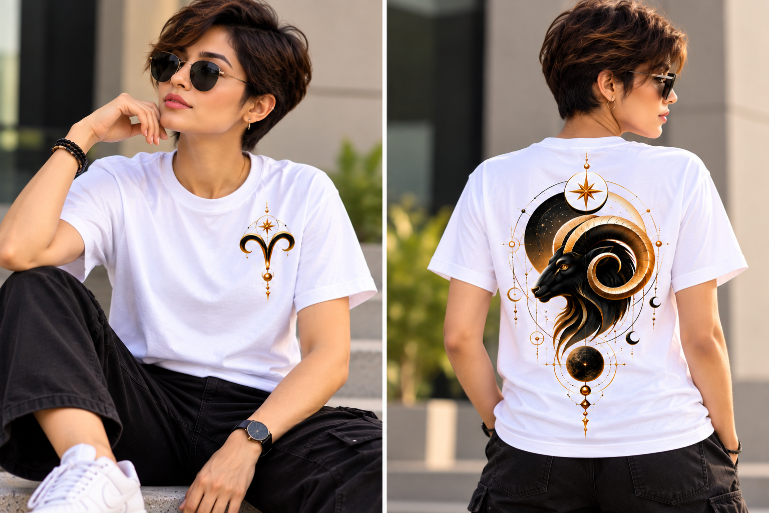 Aries Symbolic Celestial Ram T-Shirt – Black & Gold Minimal Back Print Poly Cotton Tee